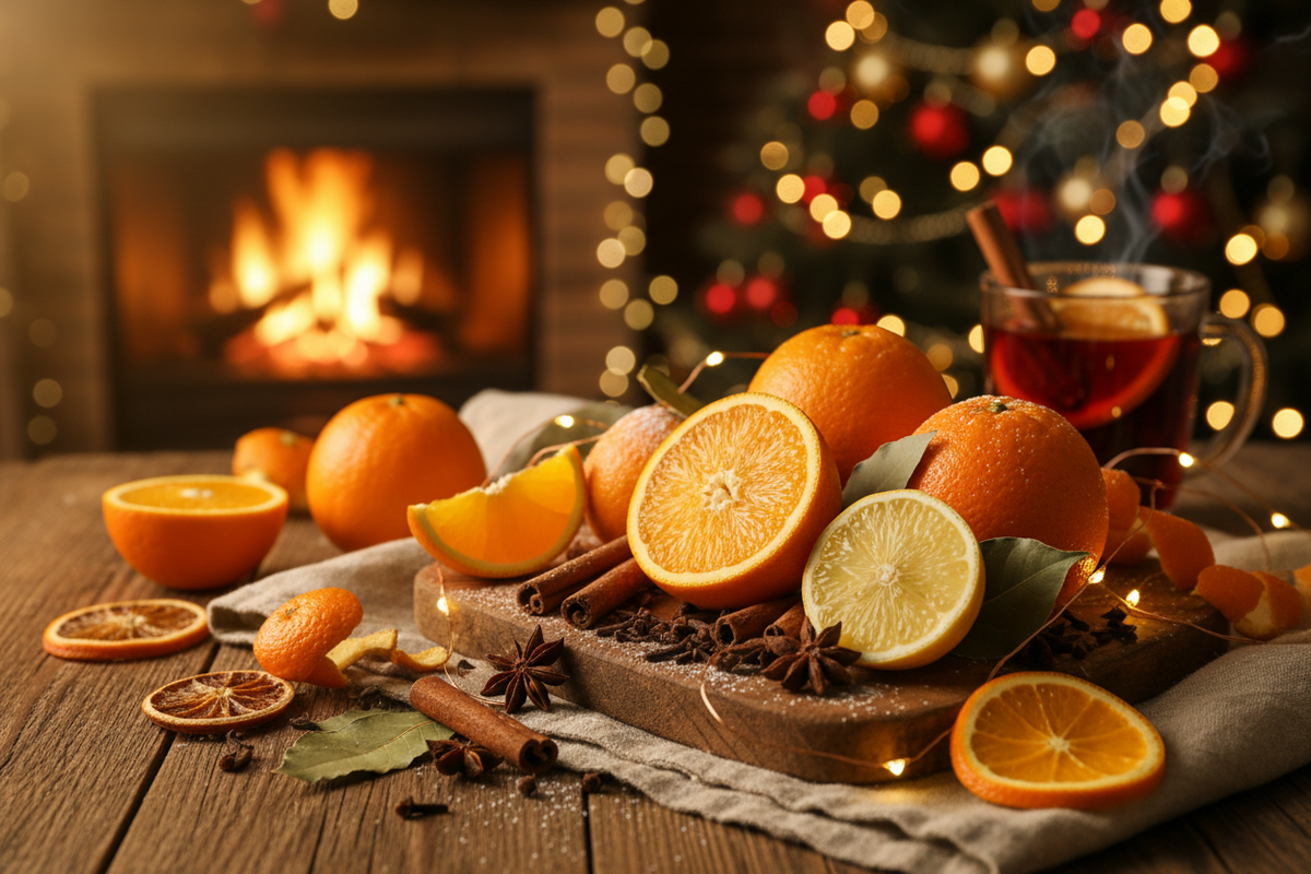 Stimmungsvolles Bild mit Orangen, Zitronen, Zimt, Nelken, Sternanis weihnachtlich