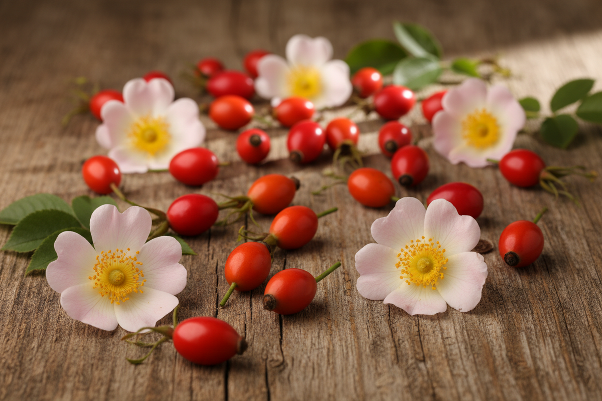 Hagebuttenfrüchte auf rustikalem Tisch mit BLüten der Hagebutte