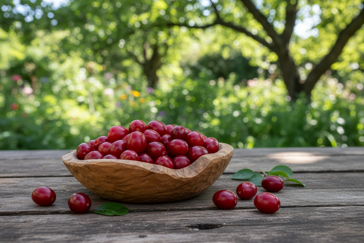 Kornellkirschen in einer Schüssel auf Tisch rustikal im Garten