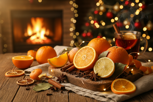 Stimmungsvolles Bild mit Orangen, Zitronen, Zimt, Nelken, Sternanis weihnachtlich