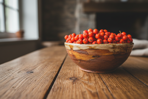 Vogelbeeren in einer Keramikschüssel auf Holztisch 