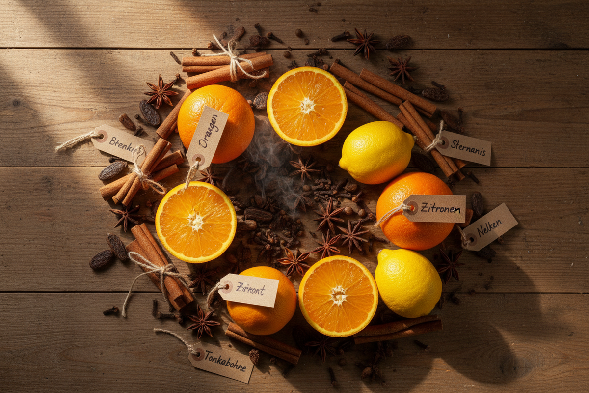 Zimt, Orangen, Zitronen, Sternanis, Nelken und Tonkabohnen 